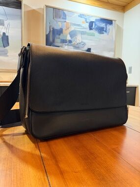 Coach Black Leather Messenger Bag with Zip Accent